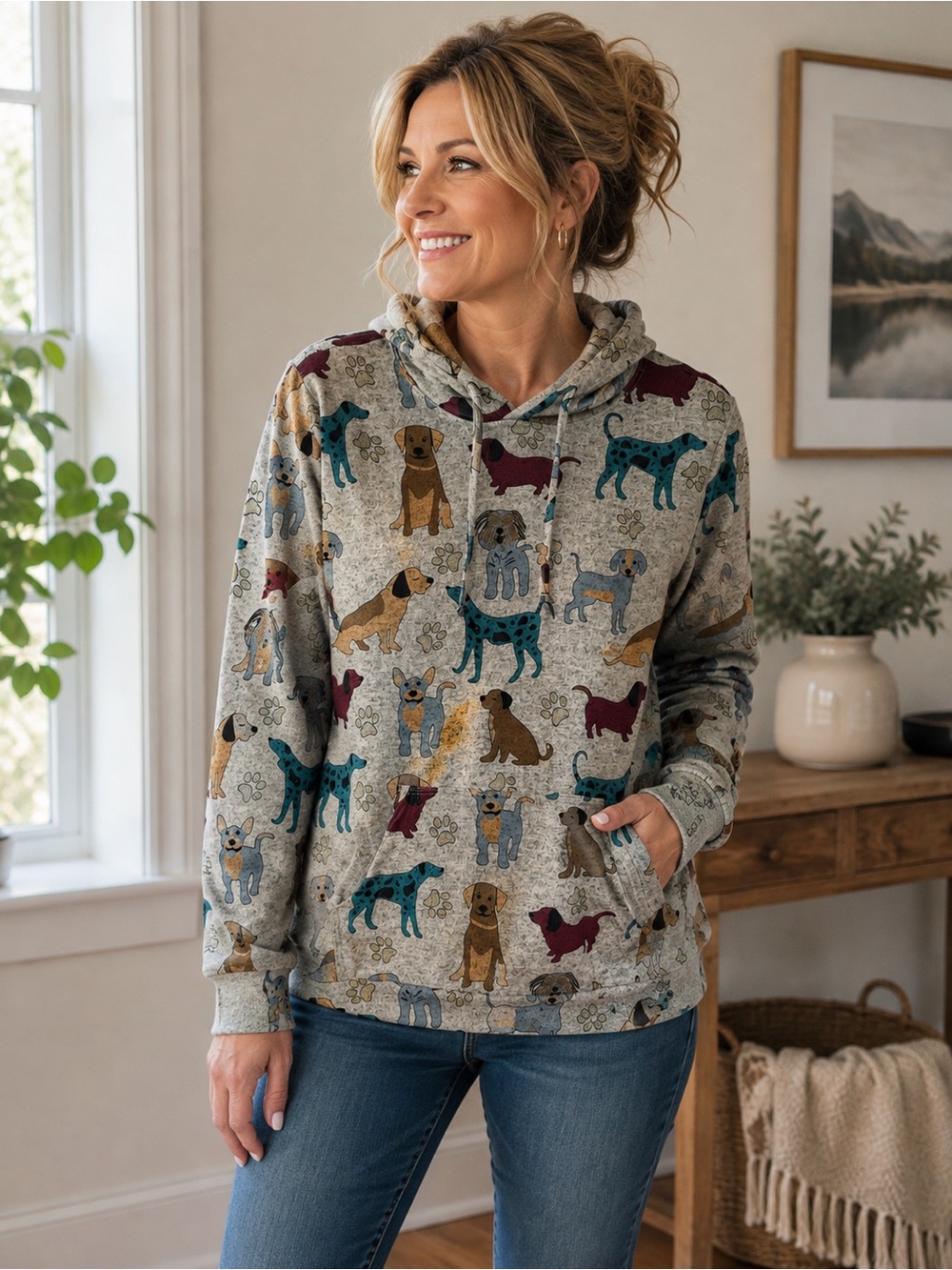 Women's Gray Dog-Print Hoodie Sweater